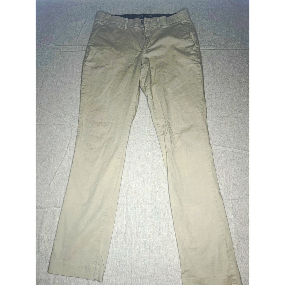 Calvin Klein Mens Beige Slim Fit Twill Chino Pants 30x30 Flat Front Pockets